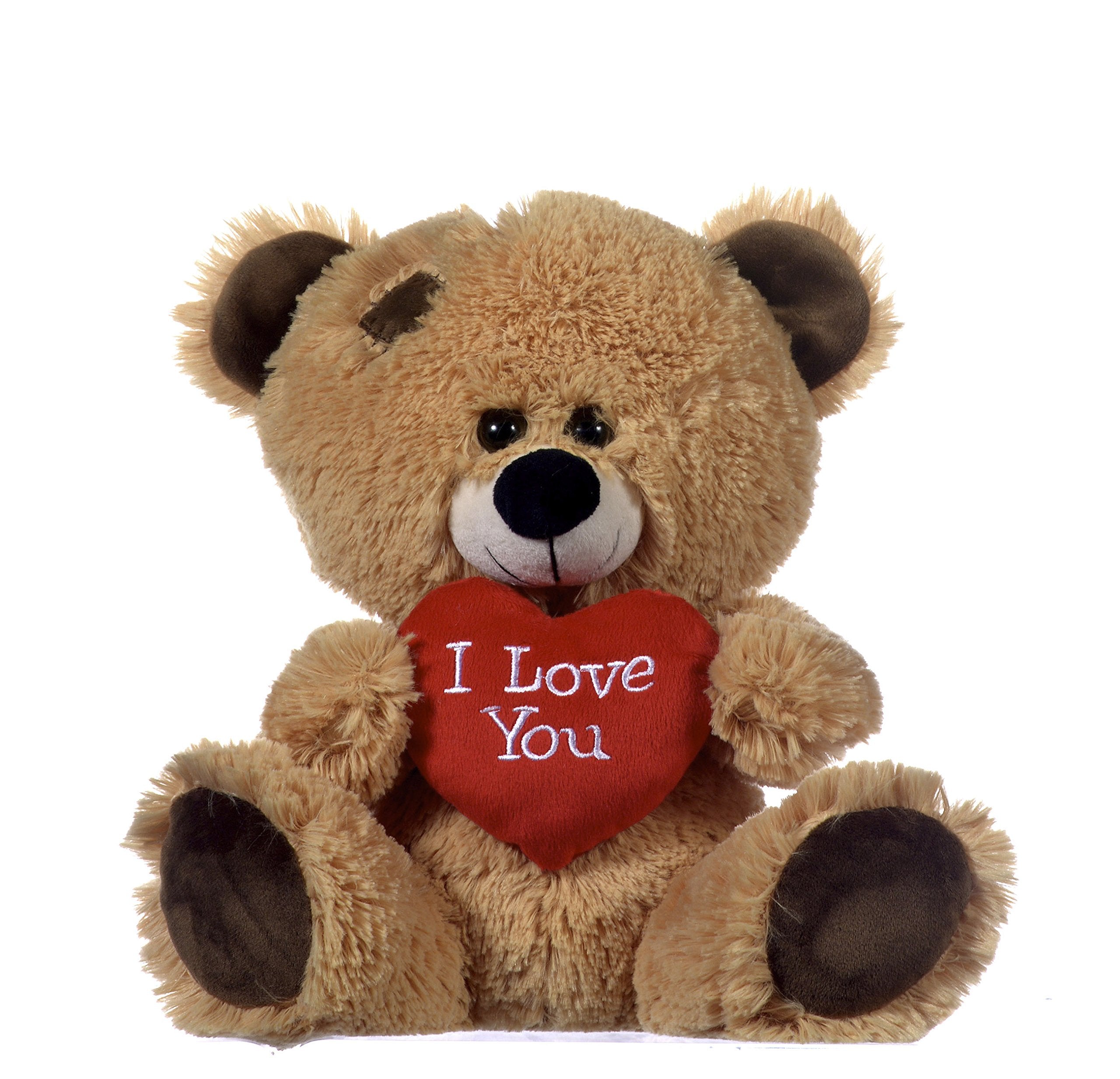 Brown 10" Patchwork Teddy Bear holding Red Heart