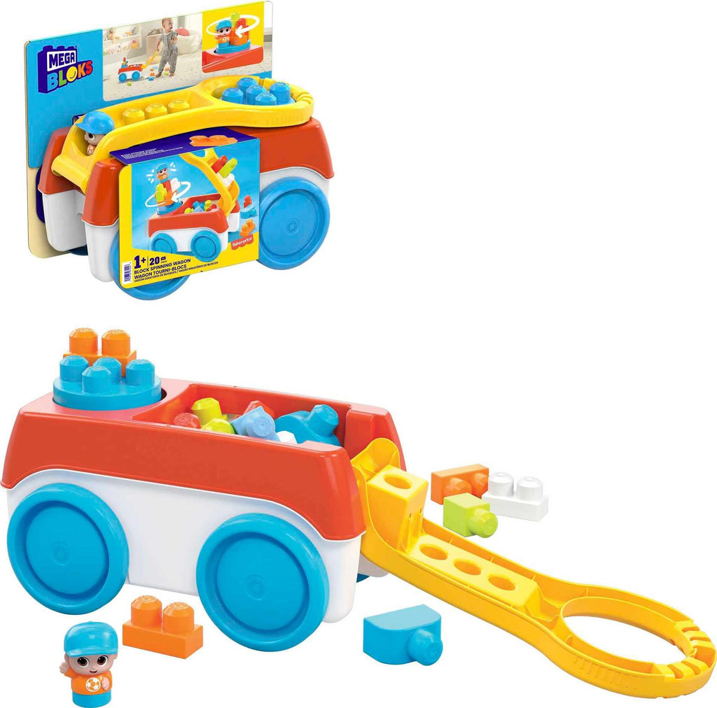 MEGA BLOKS Fisher-Price Block Spinning Wagon with 20 Pieces and Storage